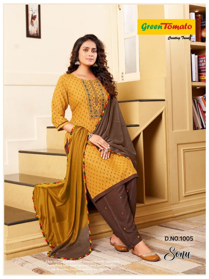 Green Tomato Sonu Rayon Printed Regular Wear Kurti Patiala With Dupatta Collection